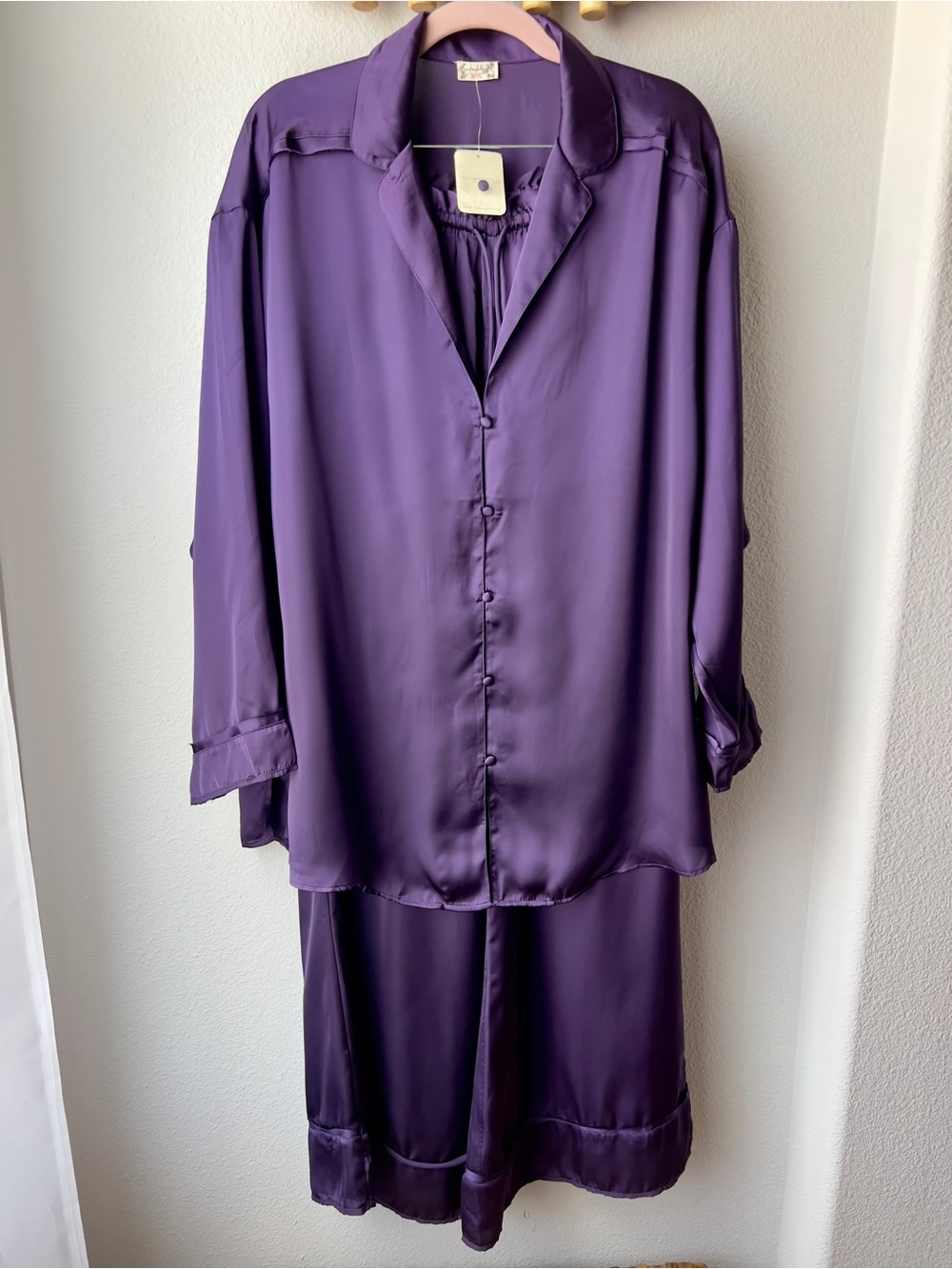 Free People NEW Women's Pajama Set Purple Satin Relaxed Button-Front Lounge Set